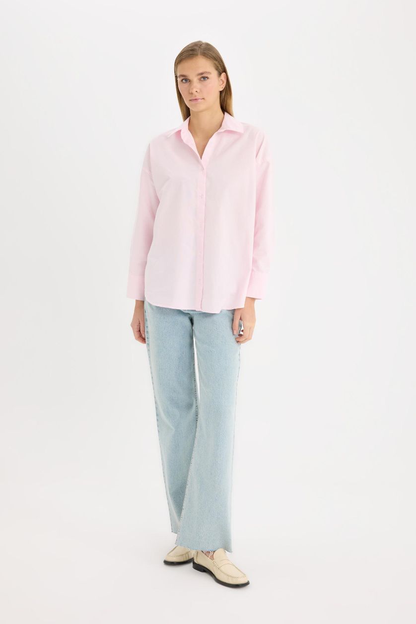 Kadın Açık Pembe %100 Pamuk Oversıze Basıc Oxford Gömlek