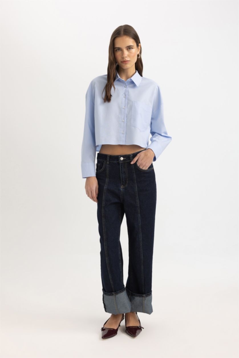 نساء أزرق قميص كروب أوكسفورد ردن طويل وياخة قميص