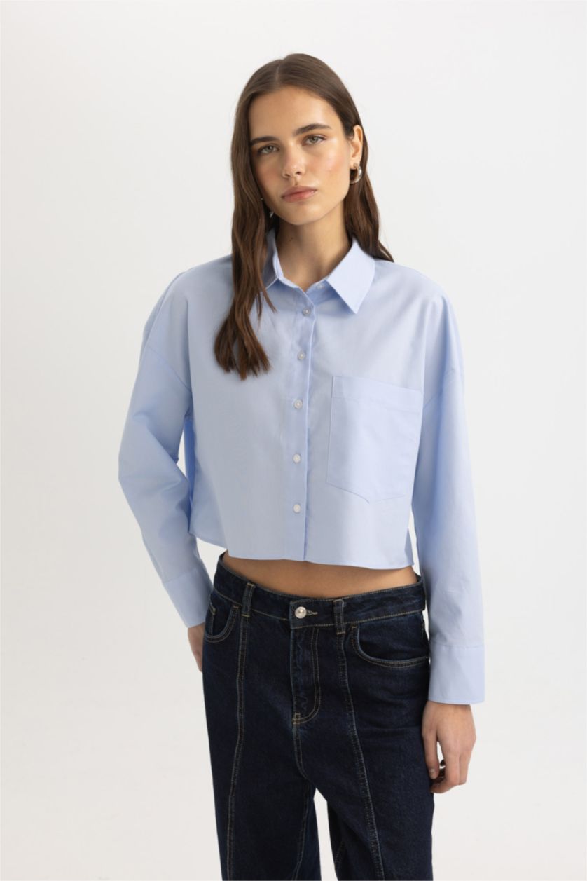 نساء أزرق قميص كروب أوكسفورد ردن طويل وياخة قميص