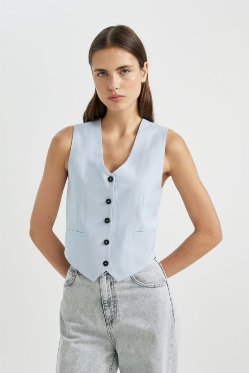 FEMME Bleu Gilet Blazer à coupe Slim et col veste