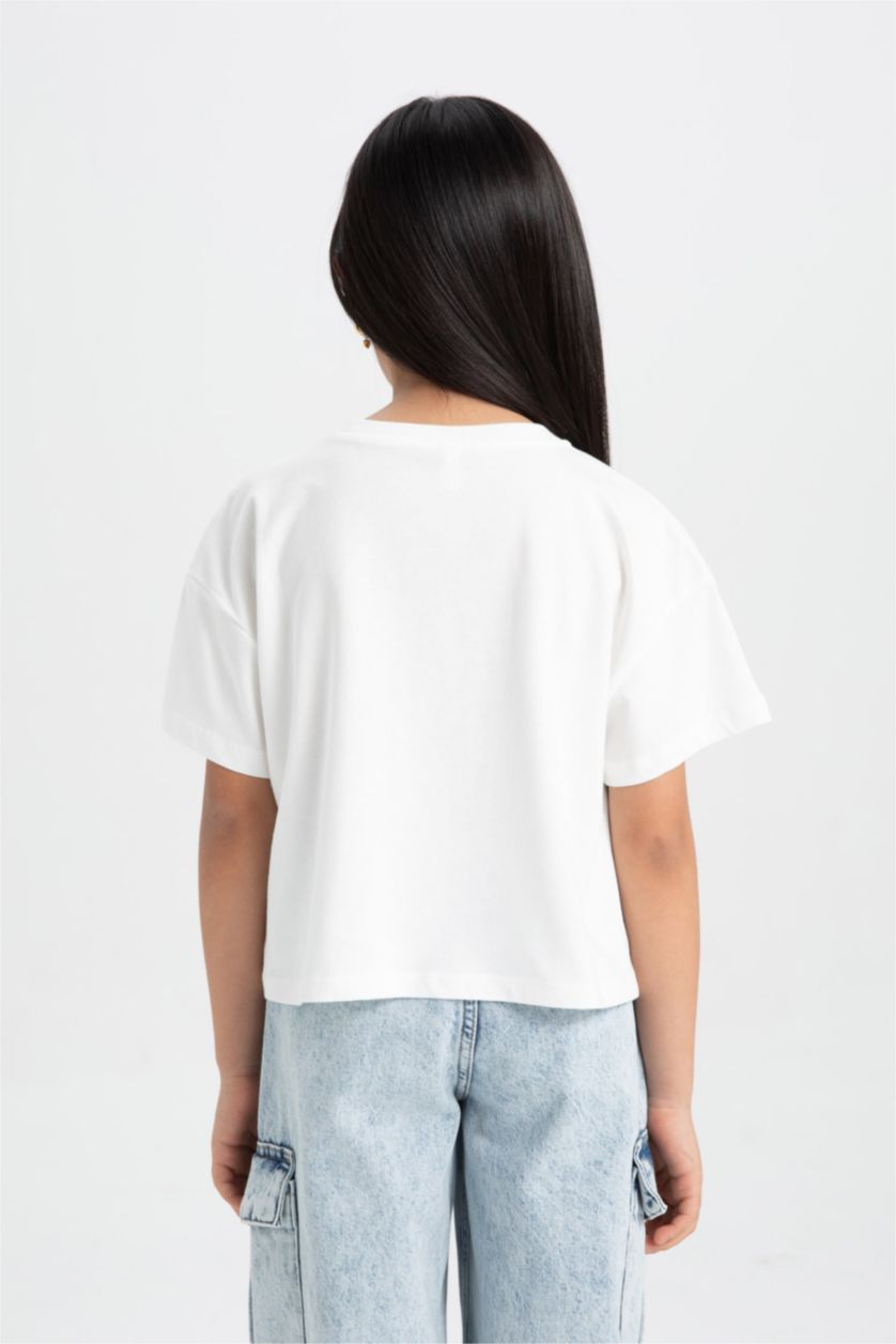 Kız Çocuk - Genç Kız Ekru Bisiklet Yaka Baskılı Kısa Kollu Tişört Kız Çocuk