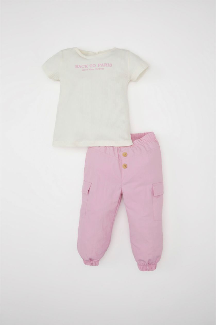 طفلة صغيرة زهري طقم بناتي سروال وتي شيرت بطبعة شعار - قطعتين