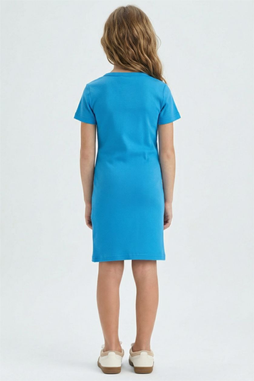 بنات أزرق فاتح فستان بناتي قصير مضلع نص ردن