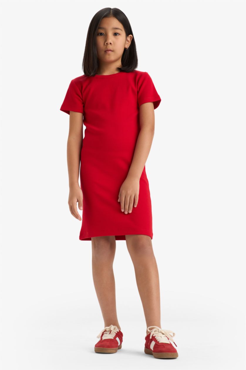 Kız Çocuk - Genç Kız Kırmızı Bisiklet Yaka Fitilli Kaşkorse Kısa Kollu Yazlık Elbise Kız Çocuk