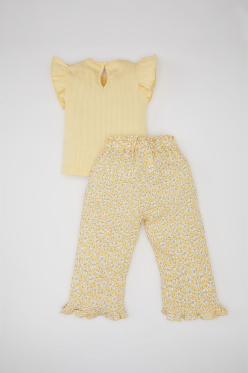 طفلة صغيرة أصفر طقم بيبي بناتي بنطلون وتيشيرت فلورال فيسكوز قصة عادية - قطعتين