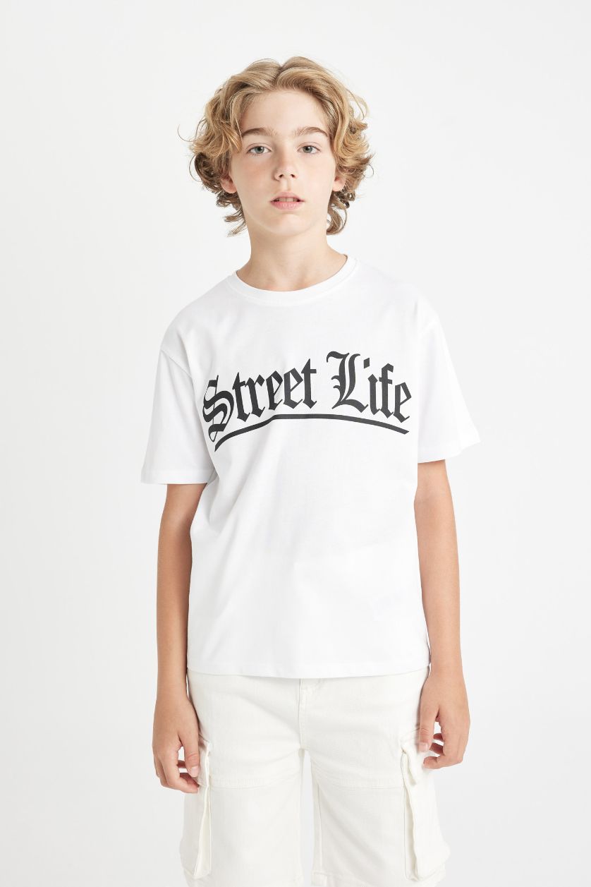 Boys & Teens White Boy Crew Neck Printed Short Sleeve T-Shirt