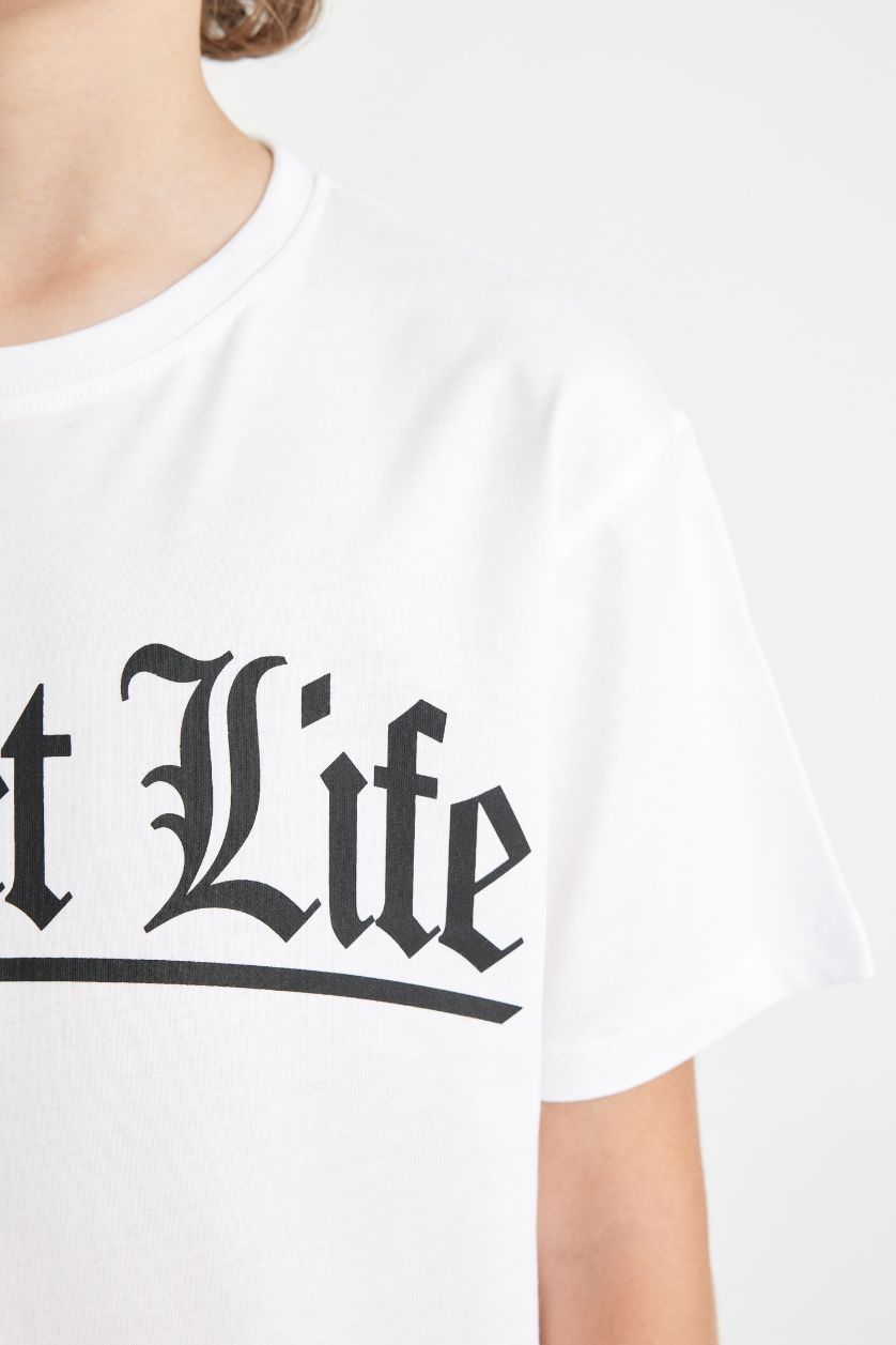 Boys & Teens White Boy Crew Neck Printed Short Sleeve T-Shirt