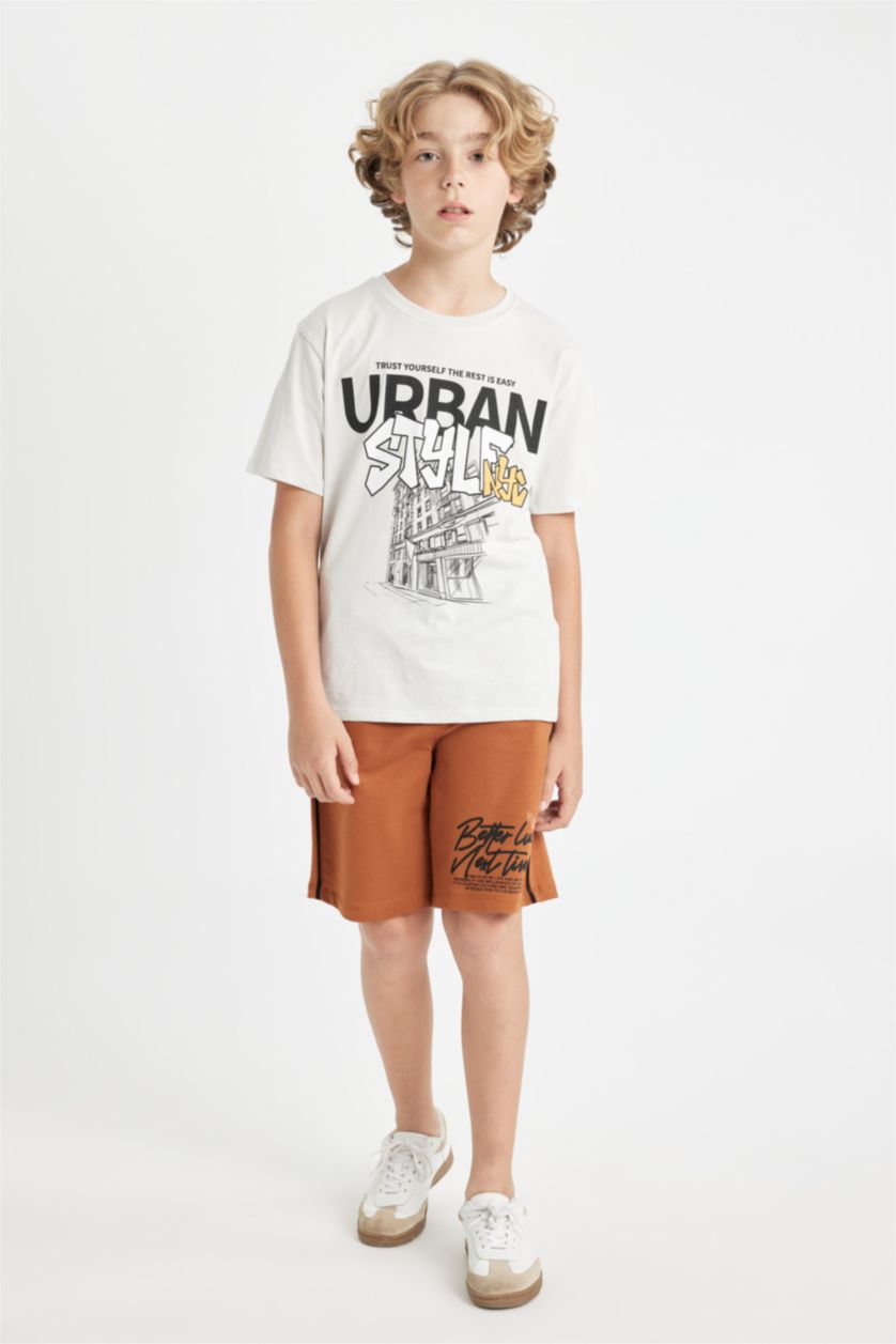 Erkek Çocuk - Genç Erkek Taş Bisiklet Yaka Baskılı Kısa Kollu Tişört Erkek Çocuk