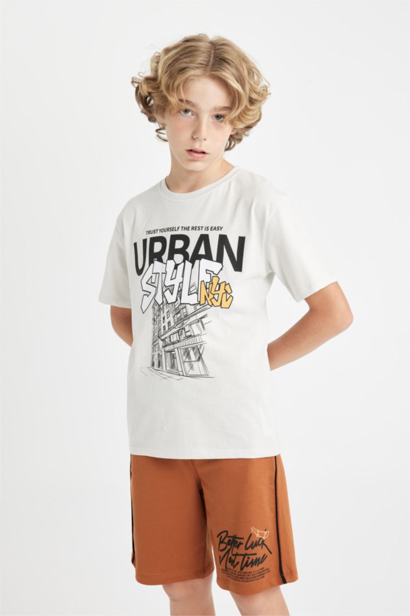 Erkek Çocuk - Genç Erkek Taş Bisiklet Yaka Baskılı Kısa Kollu Tişört Erkek Çocuk