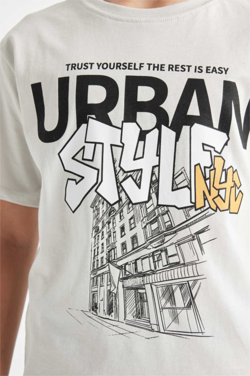 Erkek Çocuk - Genç Erkek Taş Bisiklet Yaka Baskılı Kısa Kollu Tişört Erkek Çocuk