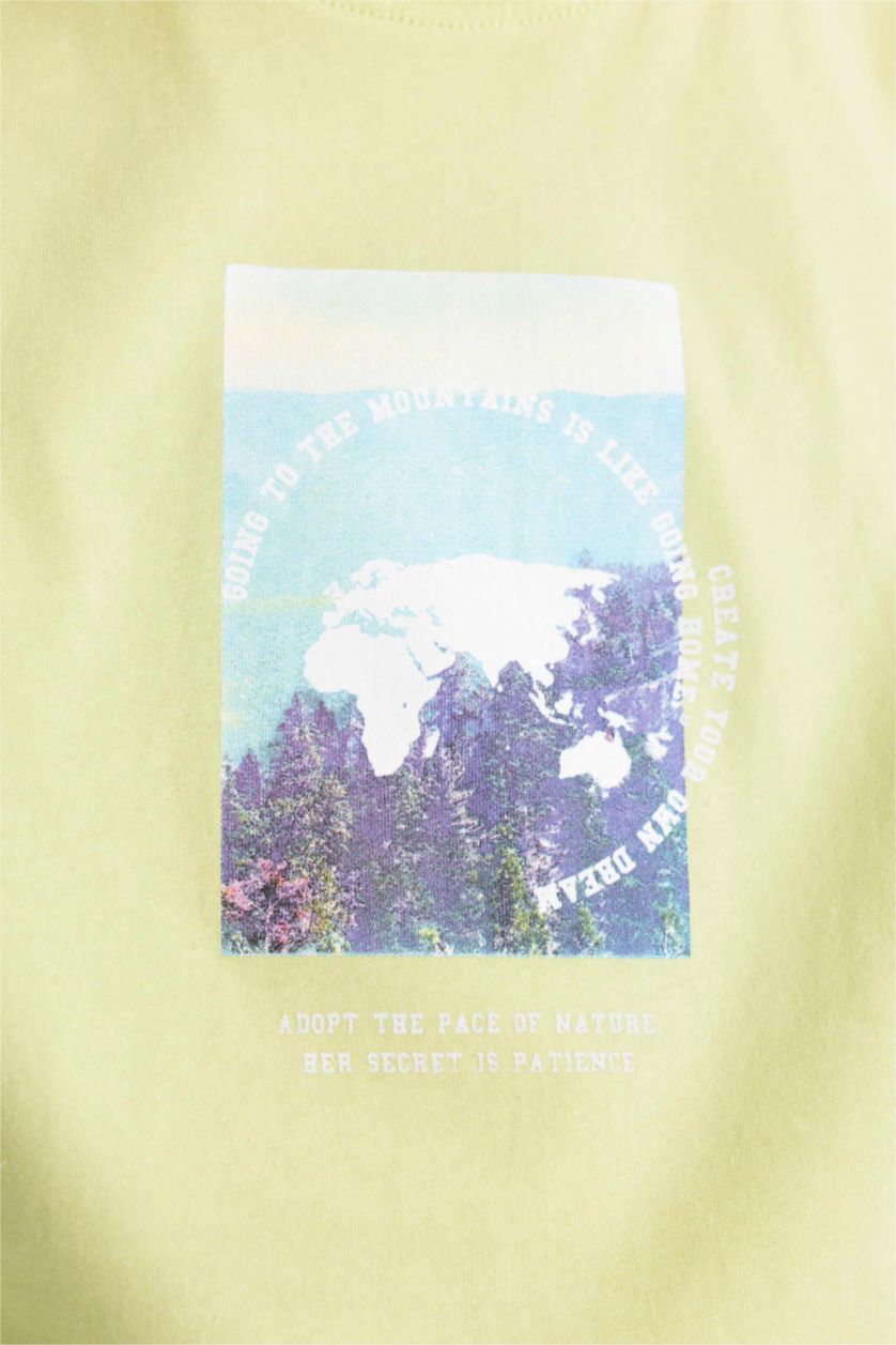 Erkek Çocuk - Genç Erkek Açık Yeşil Bisiklet Yaka Baskılı Kısa Kollu Tişört Erkek Çocuk