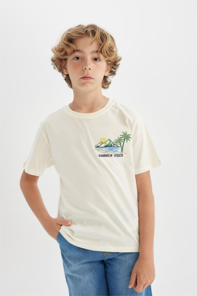 BOYS & TEENS Ecru Boy Crew Neck Embroidered Short Sleeve T-Shirt