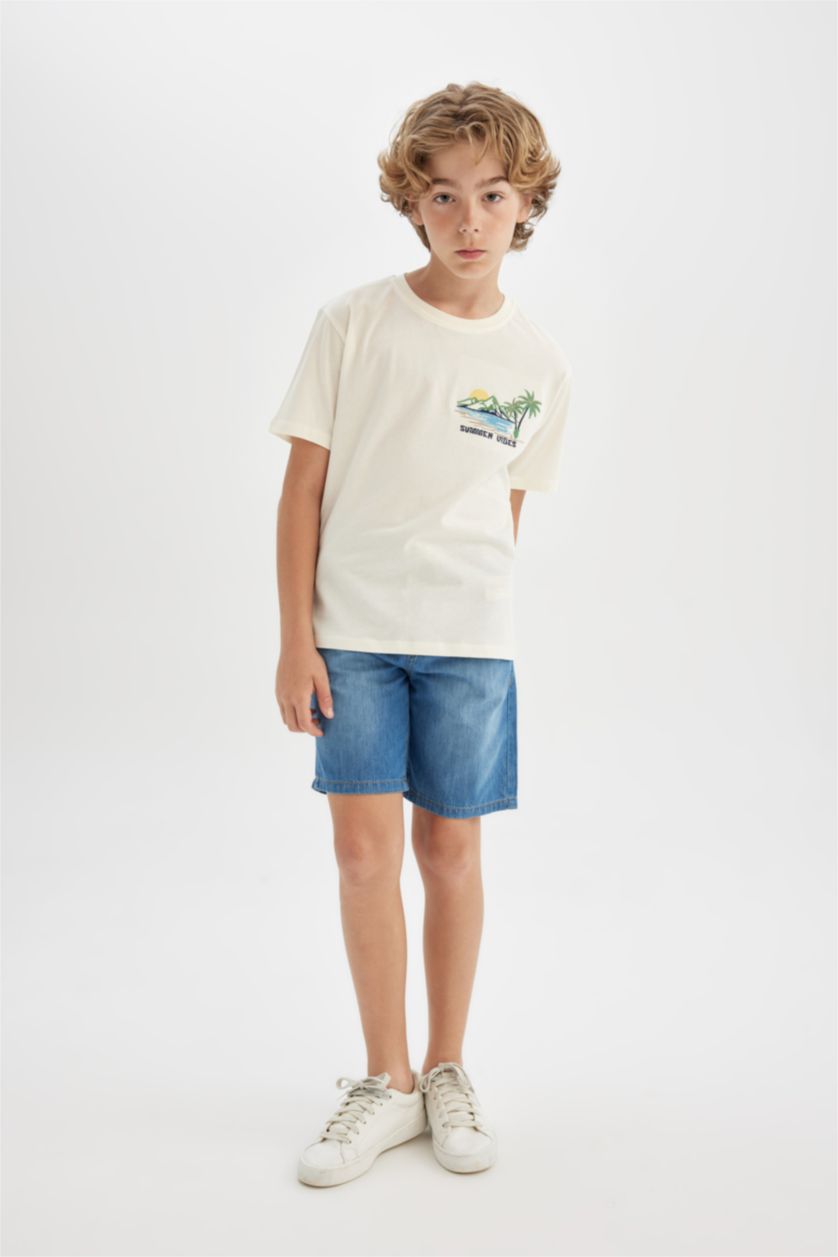 BOYS & TEENS Ecru Boy Crew Neck Embroidered Short Sleeve T-Shirt