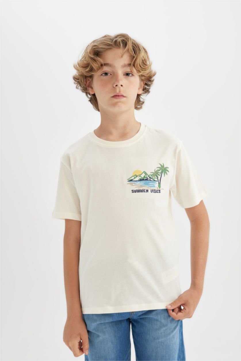 BOYS & TEENS Ecru Boy Crew Neck Embroidered Short Sleeve T-Shirt