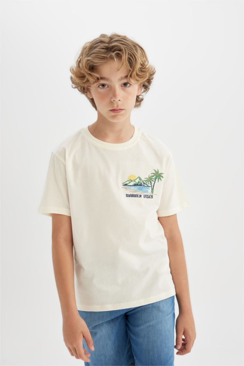 BOYS & TEENS Ecru Boy Crew Neck Embroidered Short Sleeve T-Shirt