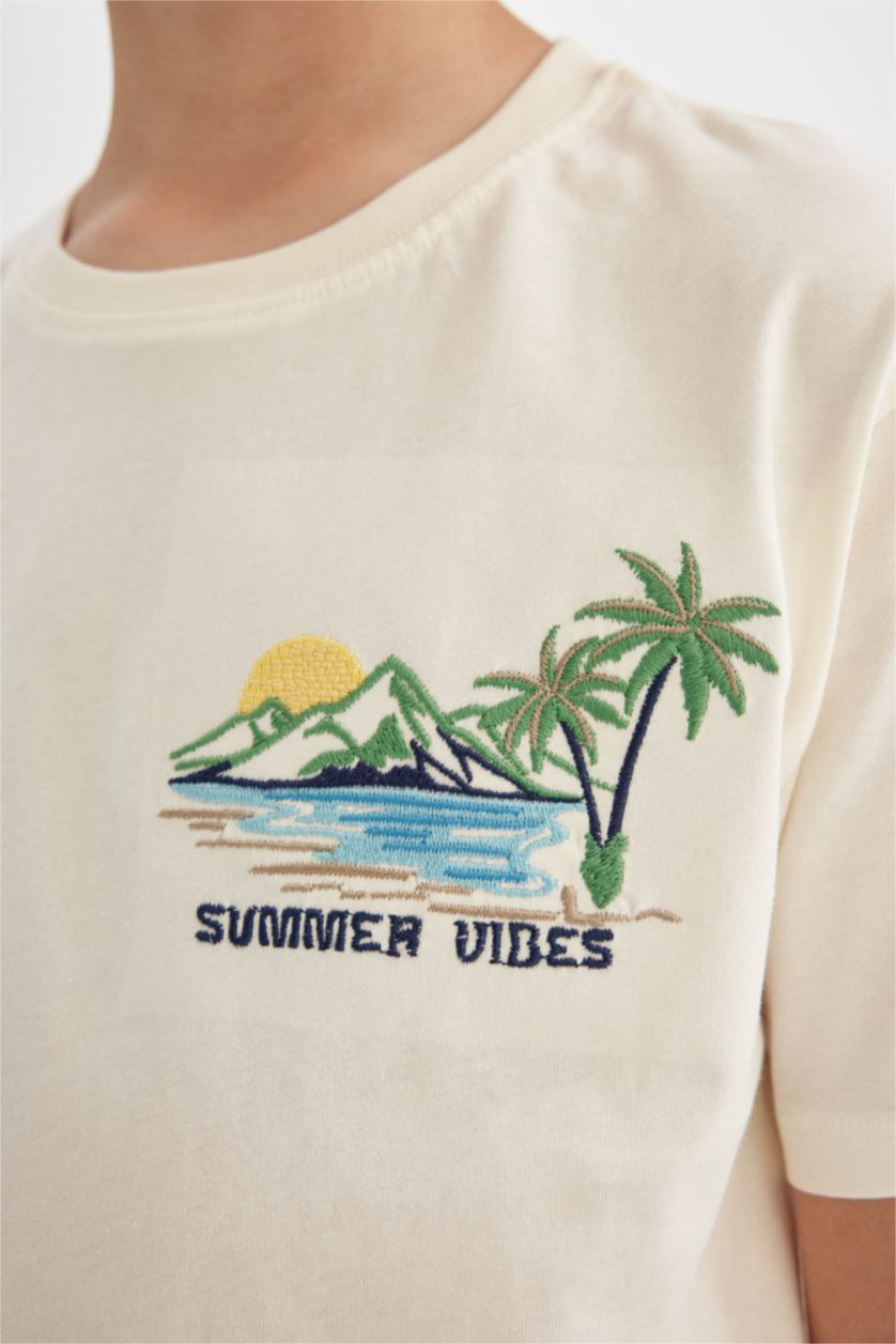 BOYS & TEENS Ecru Boy Crew Neck Embroidered Short Sleeve T-Shirt