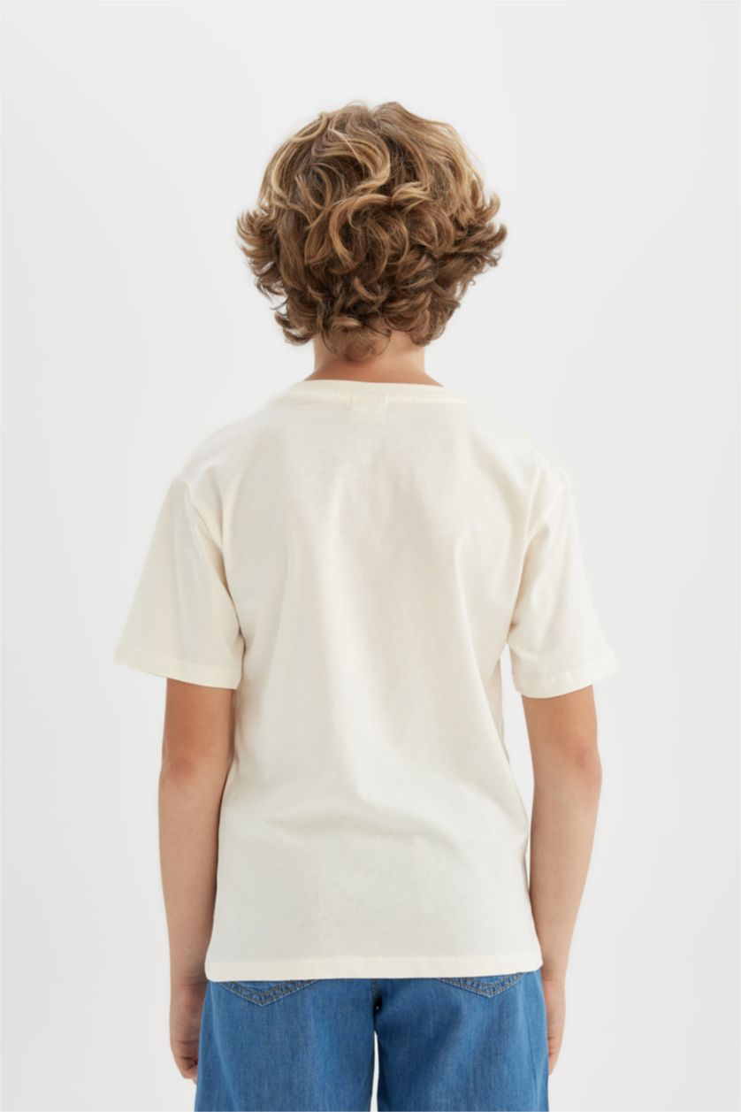 BOYS & TEENS Ecru Boy Crew Neck Embroidered Short Sleeve T-Shirt