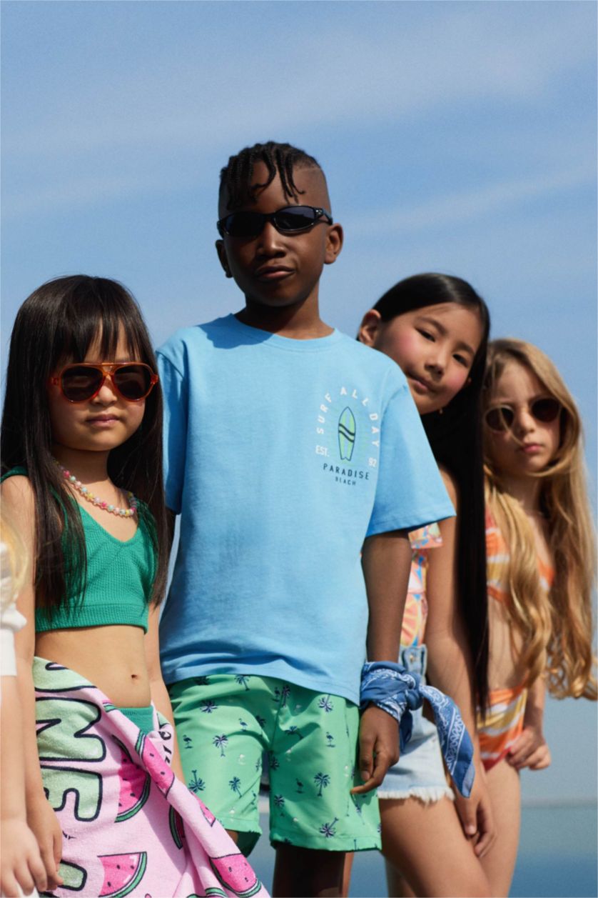 Erkek Çocuk - Genç Erkek Mavi Bisiklet Yaka Baskılı Kısa Kollu Tişört Erkek Çocuk