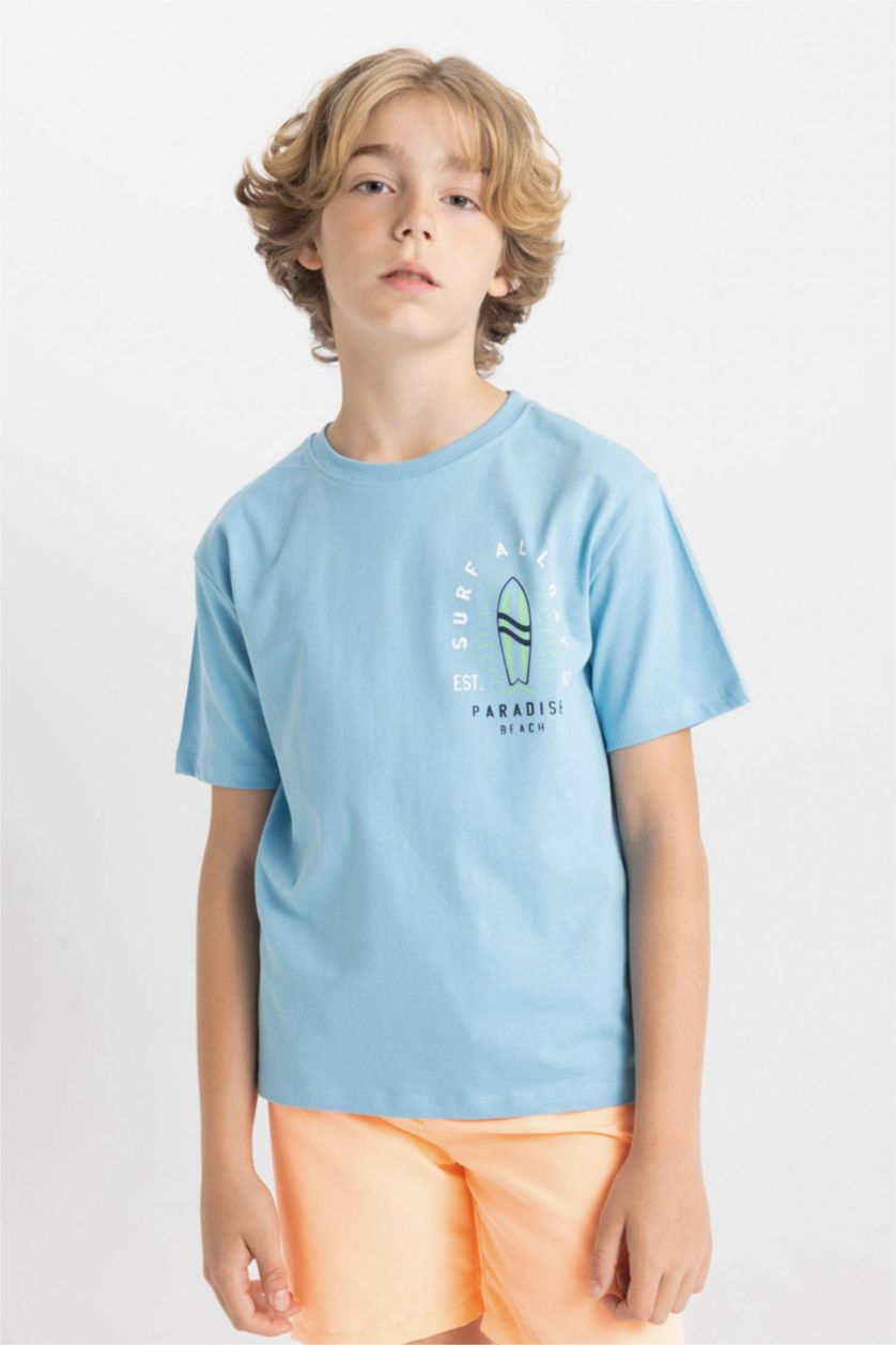 Erkek Çocuk - Genç Erkek Mavi Bisiklet Yaka Baskılı Kısa Kollu Tişört Erkek Çocuk