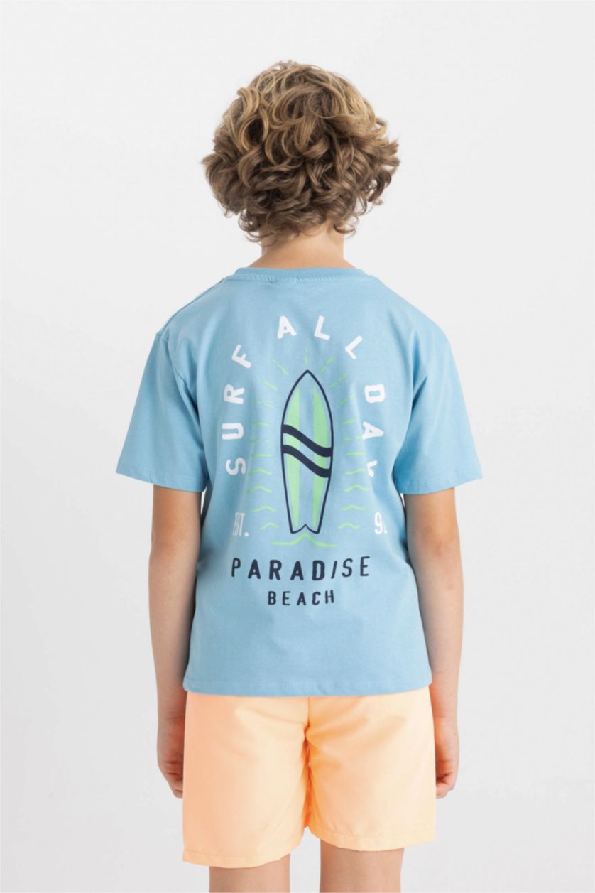 Erkek Çocuk - Genç Erkek Mavi Bisiklet Yaka Baskılı Kısa Kollu Tişört Erkek Çocuk