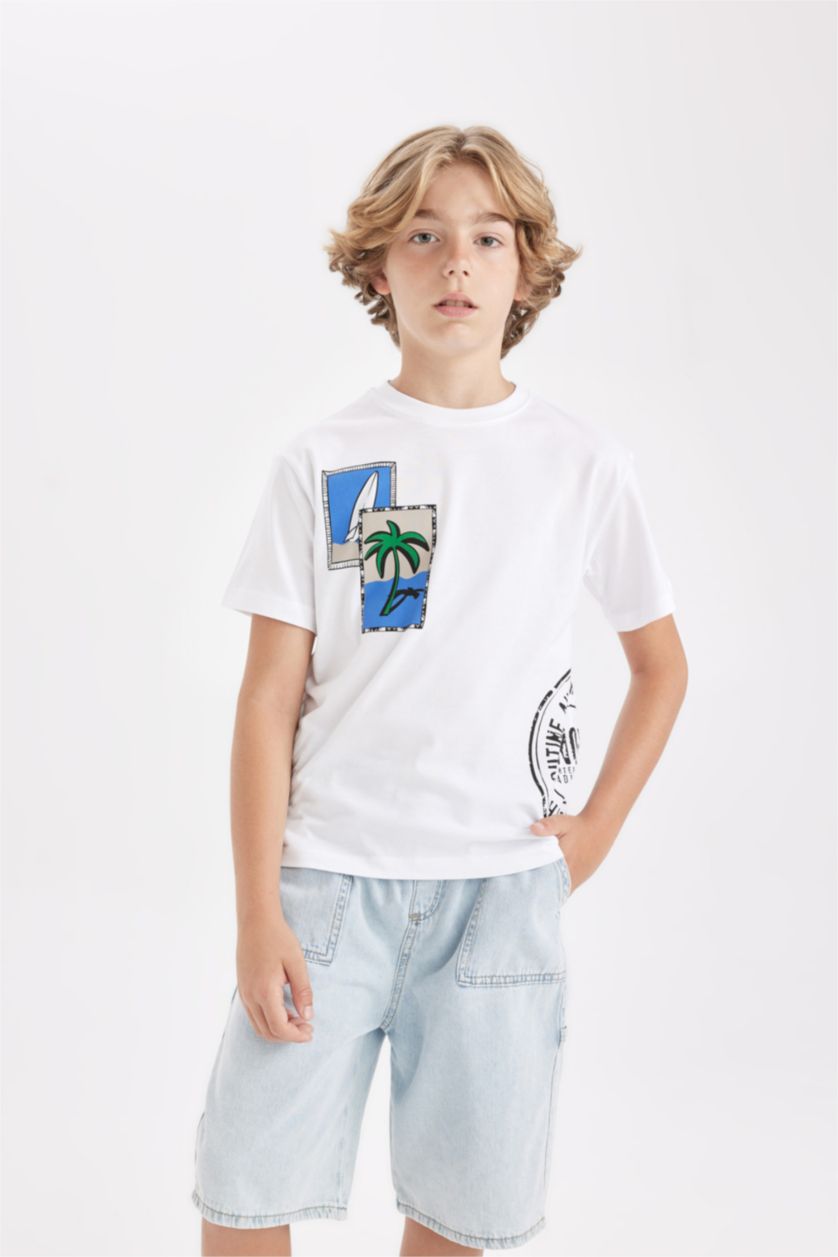 Boys & Teens White Boy Regular Fit Crew Neck Printed T-Shirt