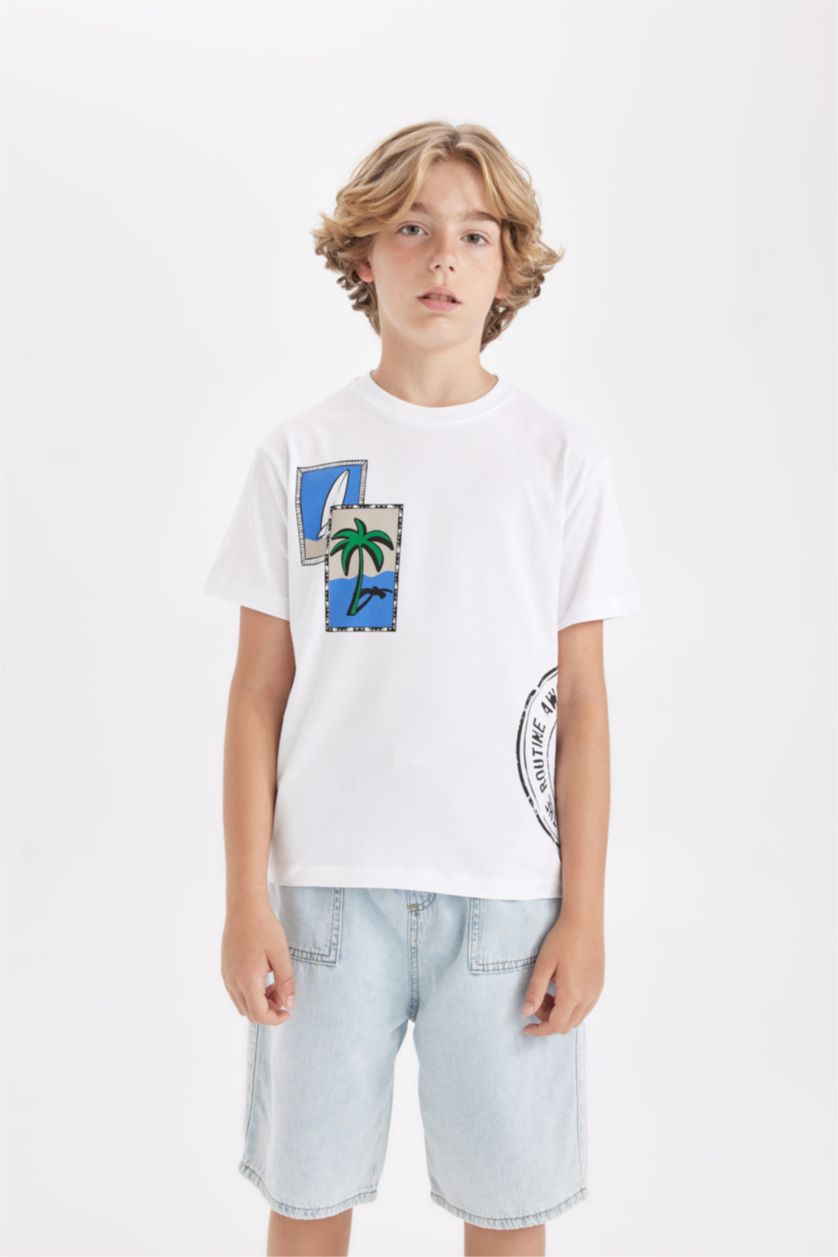 Boys & Teens White Boy Regular Fit Crew Neck Printed T-Shirt