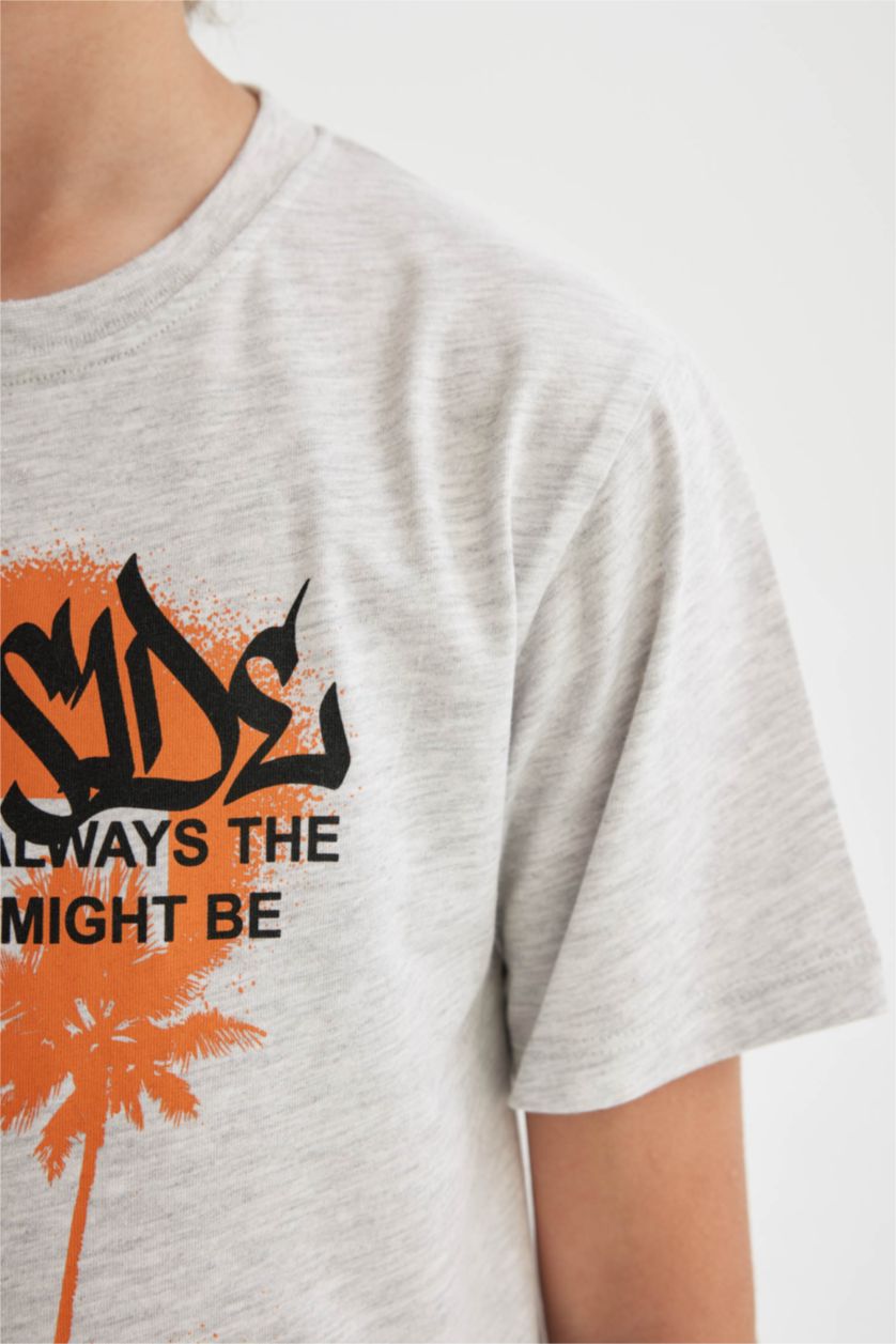 Erkek Çocuk - Genç Erkek Optik Gri Melanj Bisiklet Yaka Baskılı Kısa Kollu Tişört Erkek Çocuk