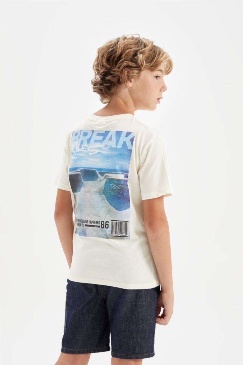 Erkek Çocuk - Genç Erkek Ekru Bisiklet Yaka Baskılı Kısa Kollu Tişört Erkek Çocuk