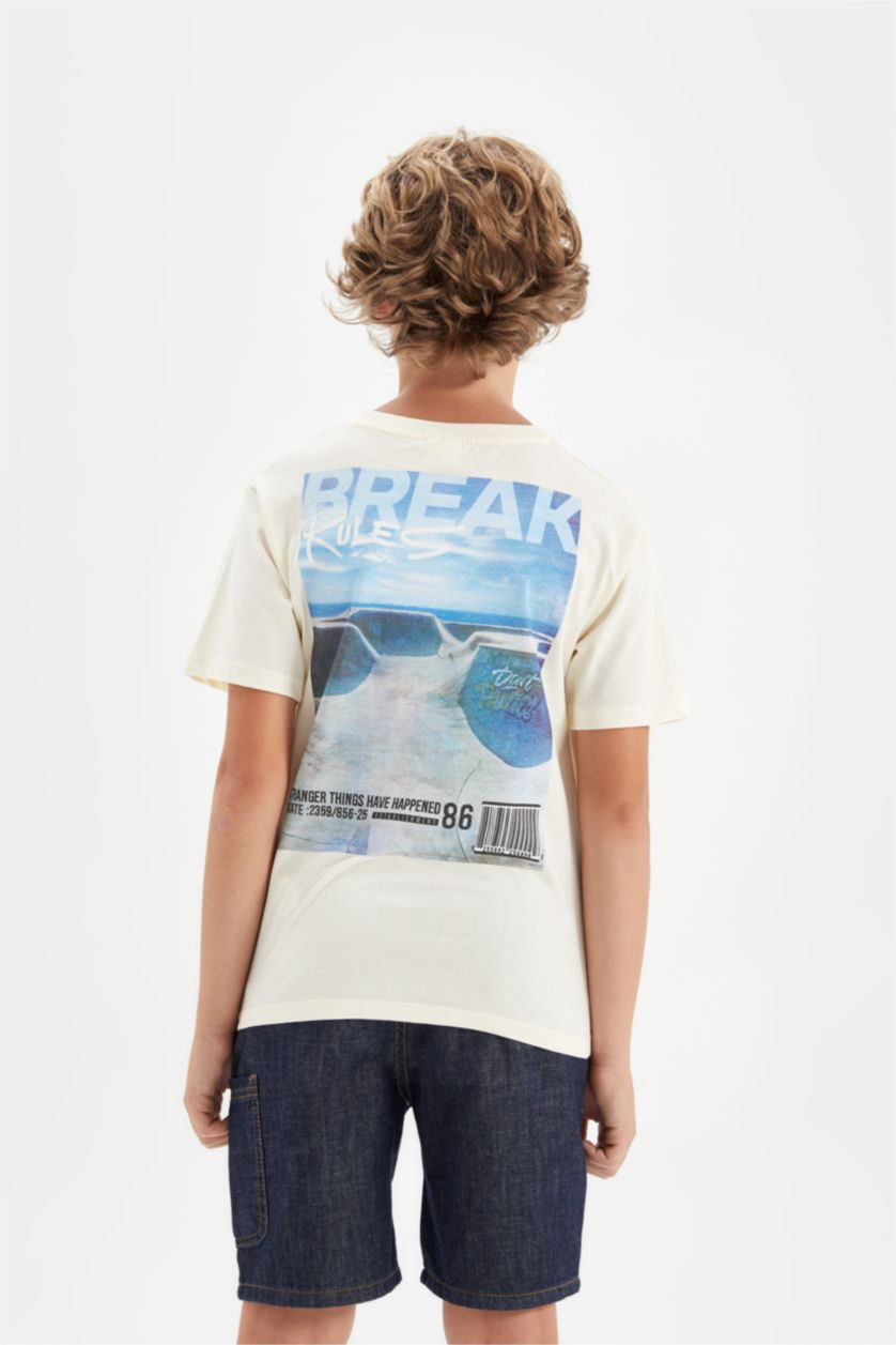 Erkek Çocuk - Genç Erkek Ekru Bisiklet Yaka Baskılı Kısa Kollu Tişört Erkek Çocuk