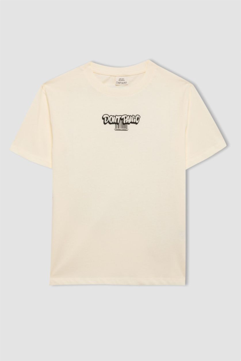 Erkek Çocuk - Genç Erkek Ekru Bisiklet Yaka Baskılı Kısa Kollu Tişört Erkek Çocuk