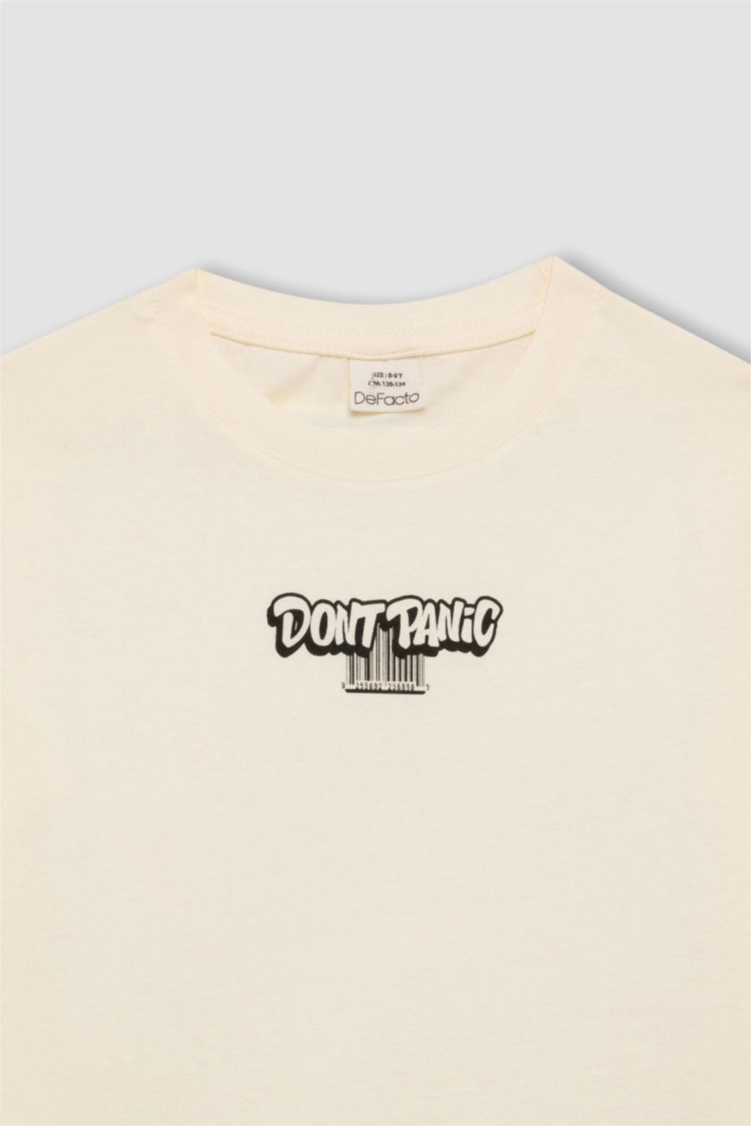 Erkek Çocuk - Genç Erkek Ekru Bisiklet Yaka Baskılı Kısa Kollu Tişört Erkek Çocuk