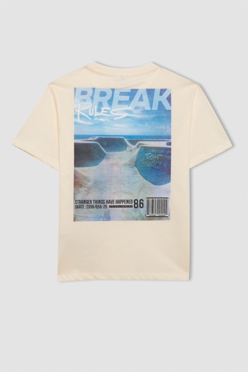 Erkek Çocuk - Genç Erkek Ekru Bisiklet Yaka Baskılı Kısa Kollu Tişört Erkek Çocuk