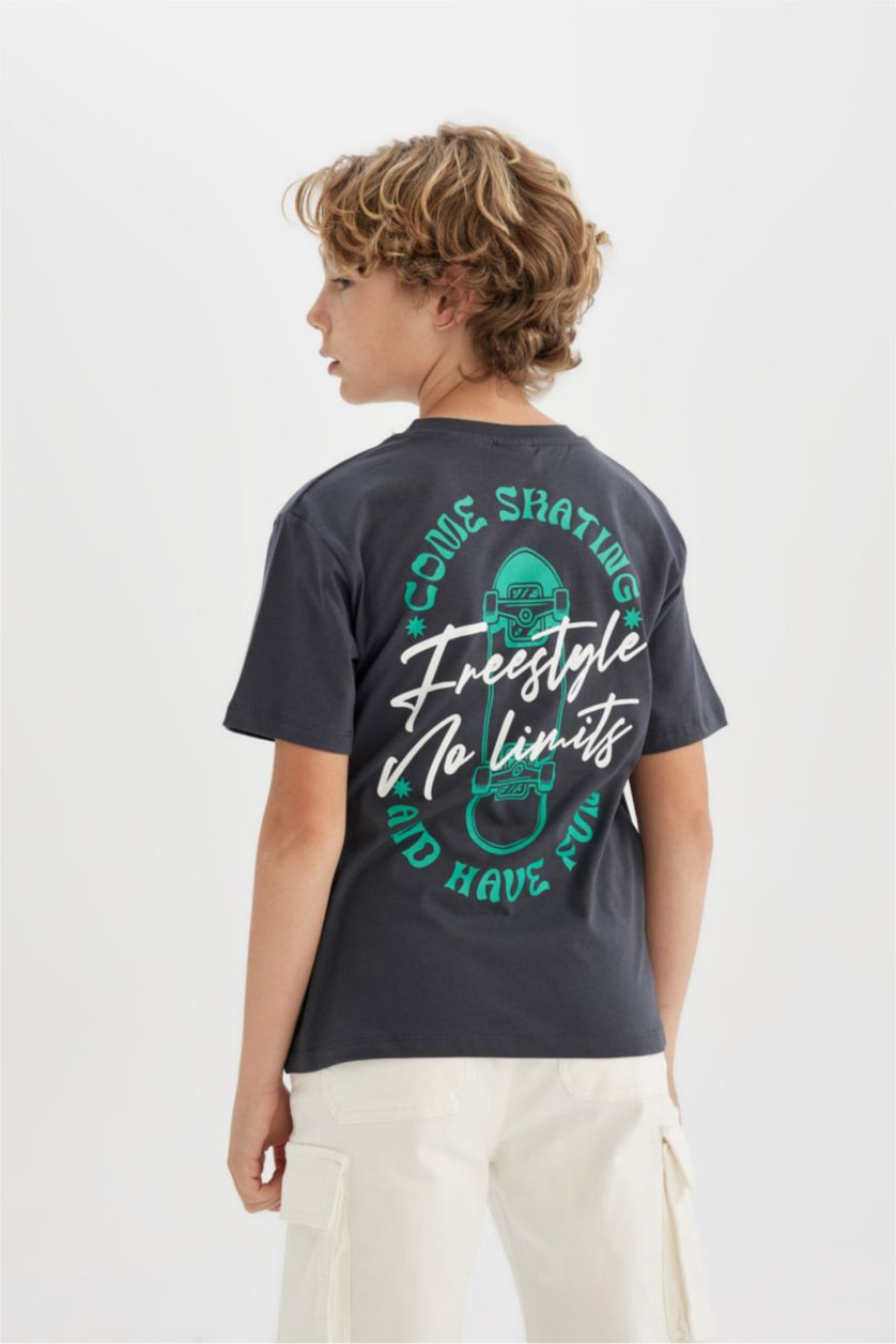 Boys & Teens Dark Grey Boy Crew Neck Back Printed Short Sleeve T-Shirt