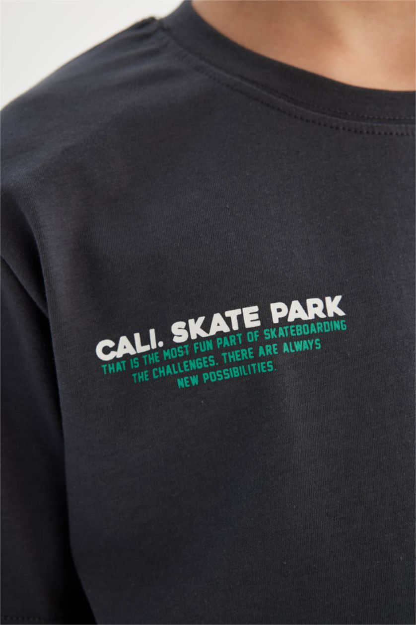 Boys & Teens Dark Grey Boy Crew Neck Back Printed Short Sleeve T-Shirt