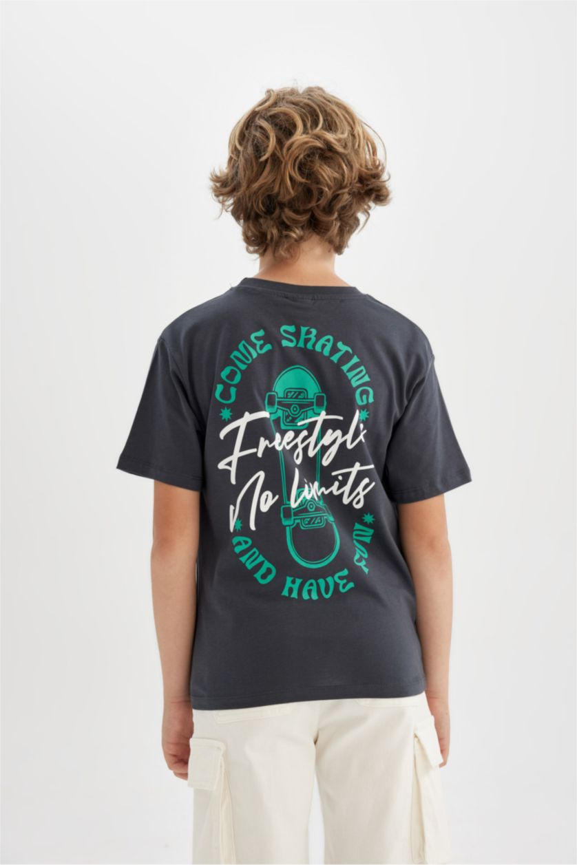 Boys & Teens Dark Grey Boy Crew Neck Back Printed Short Sleeve T-Shirt