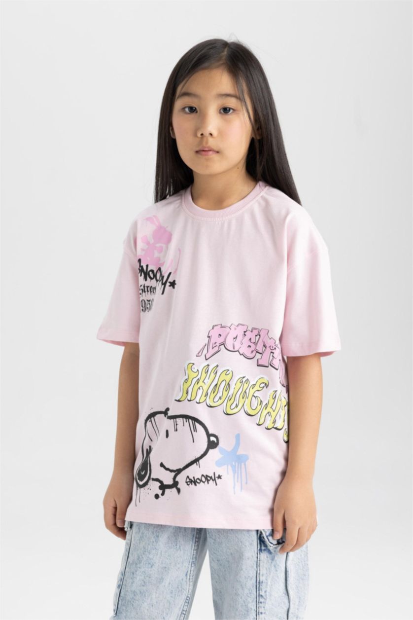 Girls & Teens Light Pink Girl Snoopy Oversize Fit Short Sleeve T-Shirt