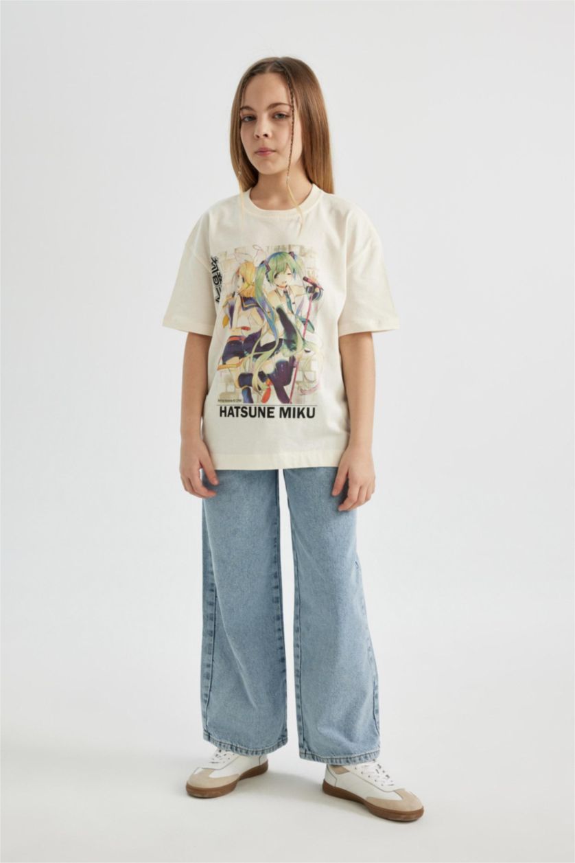 Kız Çocuk - Genç Kız Ekru Hatsune Miku Oversize Geniş Kalıp Bisiklet Yaka Kısa Kollu Tişört Kız Çocuk