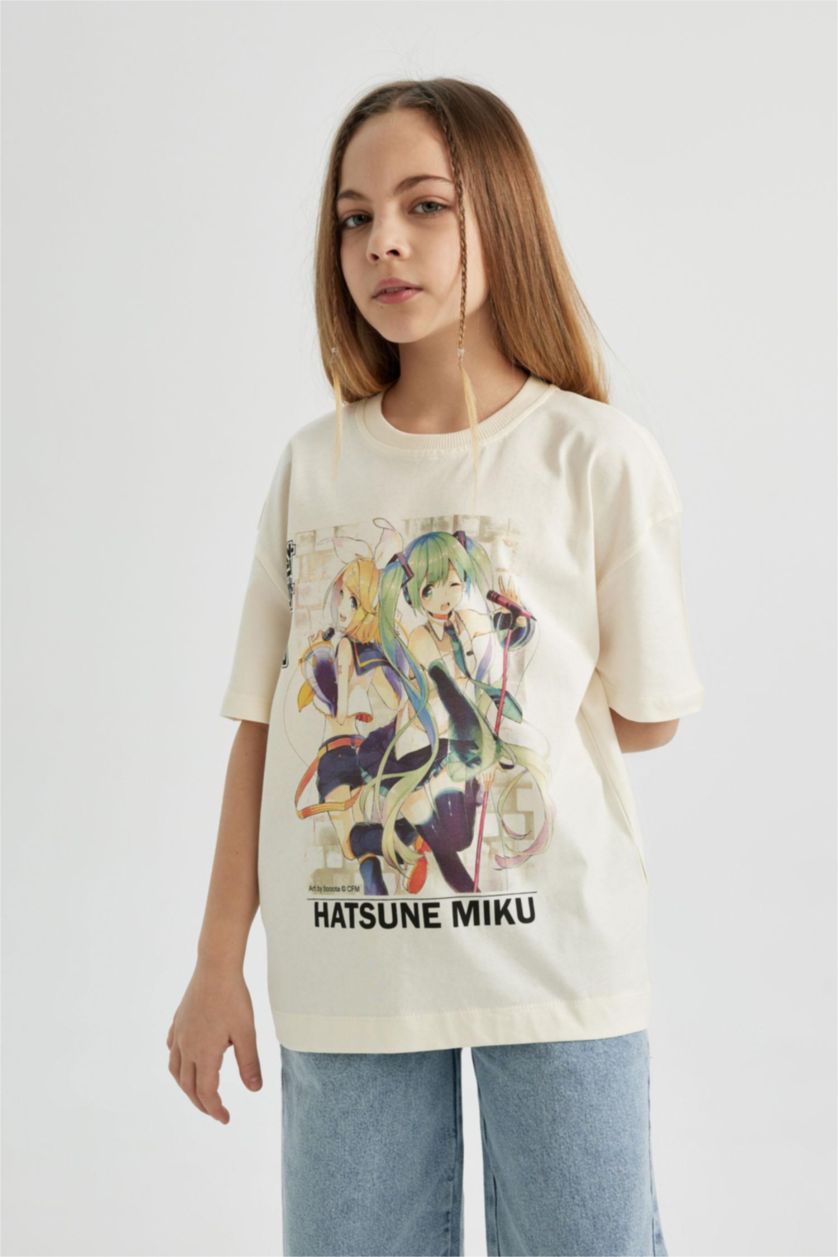 Kız Çocuk - Genç Kız Ekru Hatsune Miku Oversize Geniş Kalıp Bisiklet Yaka Kısa Kollu Tişört Kız Çocuk