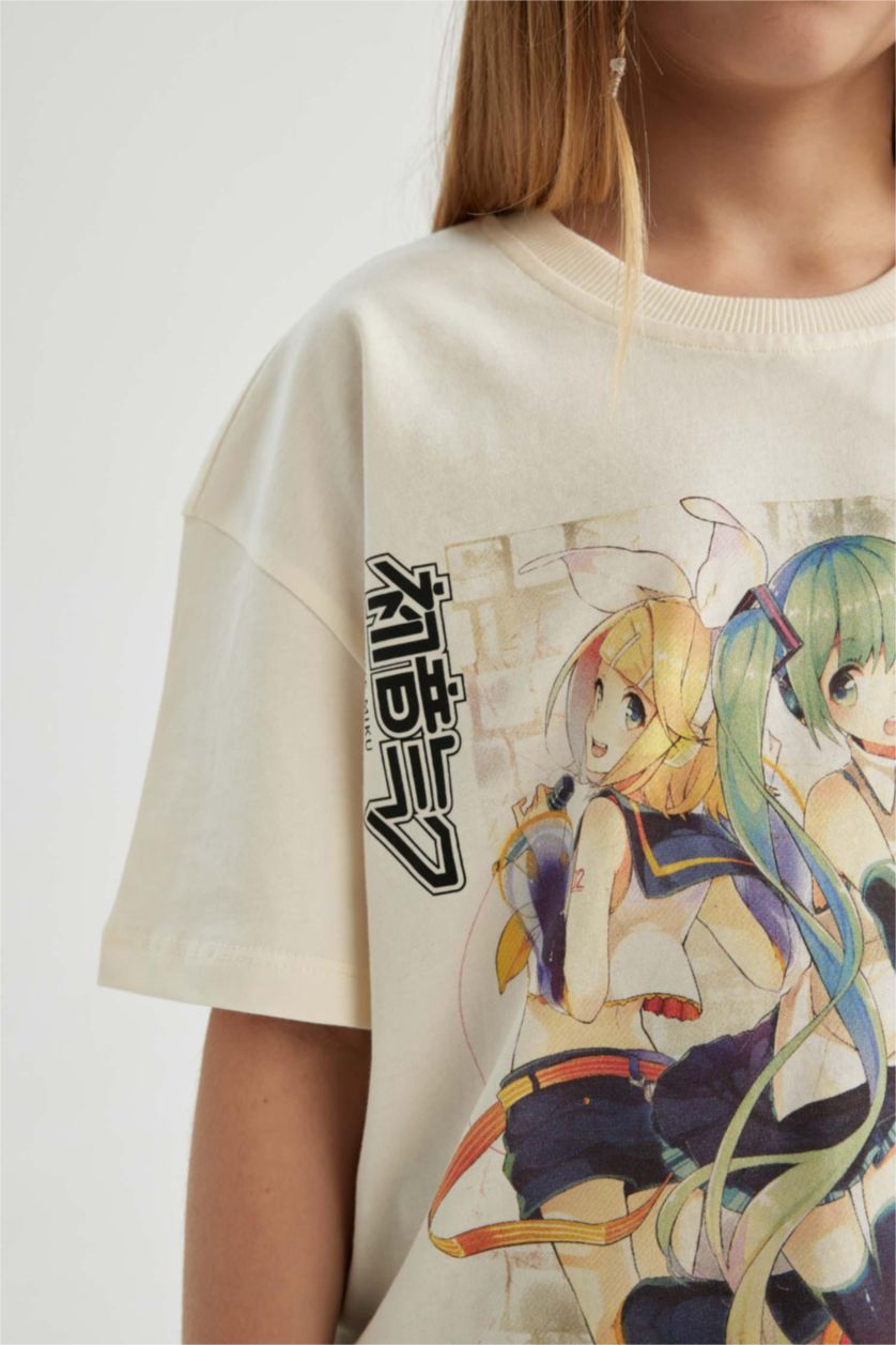 Kız Çocuk - Genç Kız Ekru Hatsune Miku Oversize Geniş Kalıp Bisiklet Yaka Kısa Kollu Tişört Kız Çocuk
