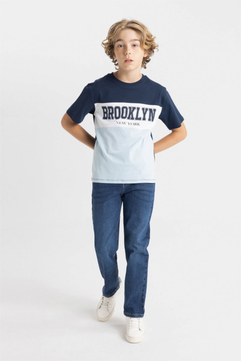 Erkek Çocuk - Genç Erkek Lacivert Bisiklet Yaka Renk Bloklu Baskılı Kısa Kollu Tişört Erkek Çocuk