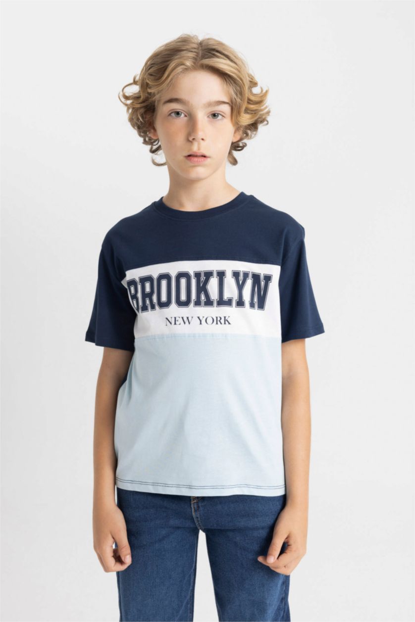 Erkek Çocuk - Genç Erkek Lacivert Bisiklet Yaka Renk Bloklu Baskılı Kısa Kollu Tişört Erkek Çocuk