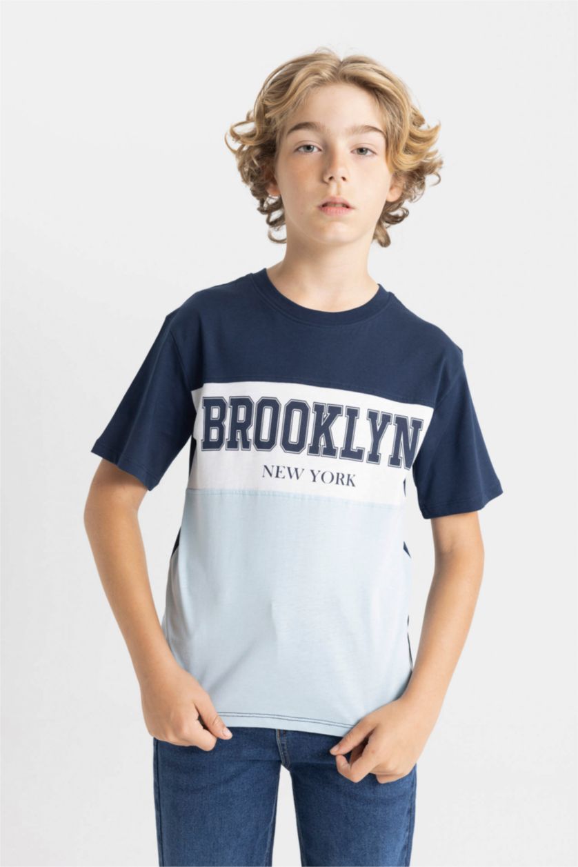Erkek Çocuk - Genç Erkek Lacivert Bisiklet Yaka Renk Bloklu Baskılı Kısa Kollu Tişört Erkek Çocuk