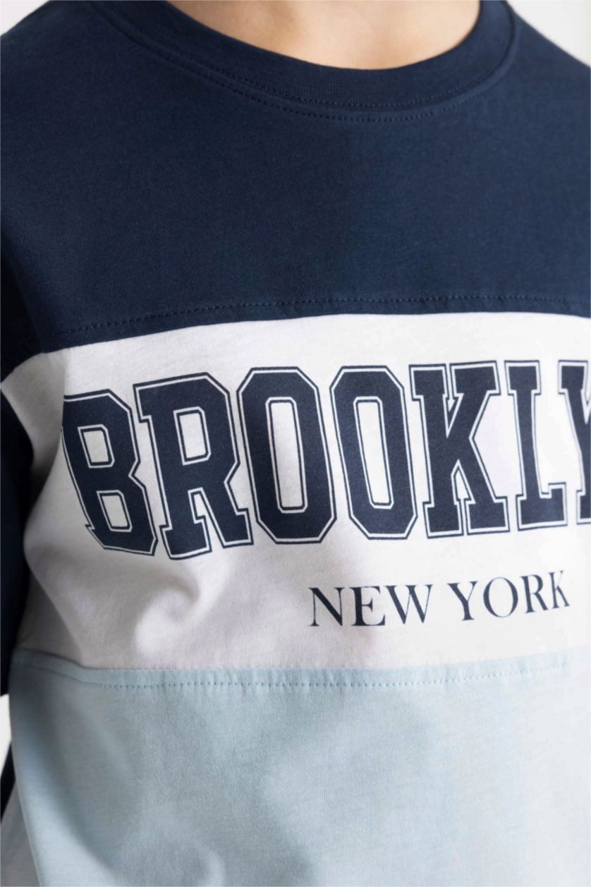 Erkek Çocuk - Genç Erkek Lacivert Bisiklet Yaka Renk Bloklu Baskılı Kısa Kollu Tişört Erkek Çocuk