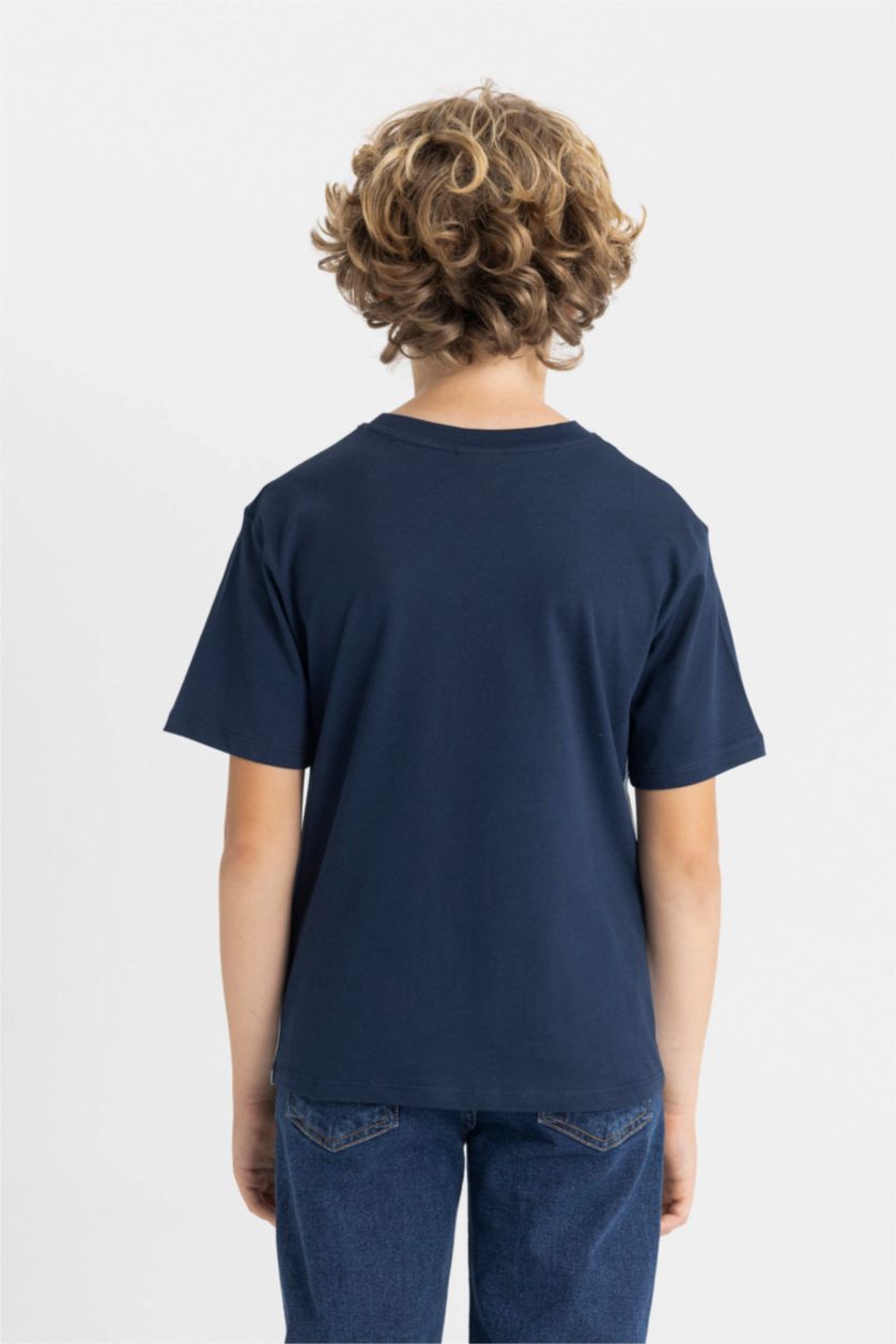 Erkek Çocuk - Genç Erkek Lacivert Bisiklet Yaka Renk Bloklu Baskılı Kısa Kollu Tişört Erkek Çocuk