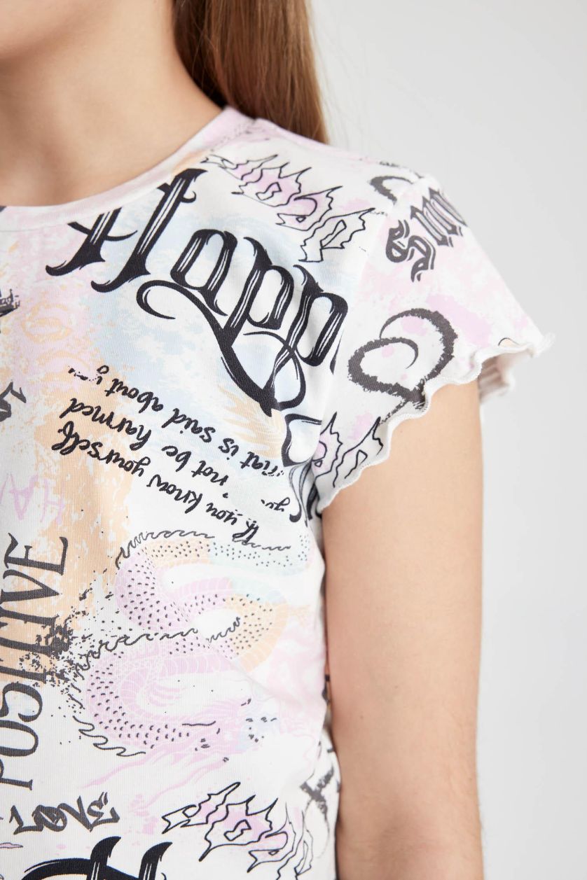 Kız Çocuk - Genç Kız Ekru Bisiklet Yaka Desenli Kısa Kollu Crop Tişört Kız Çocuk