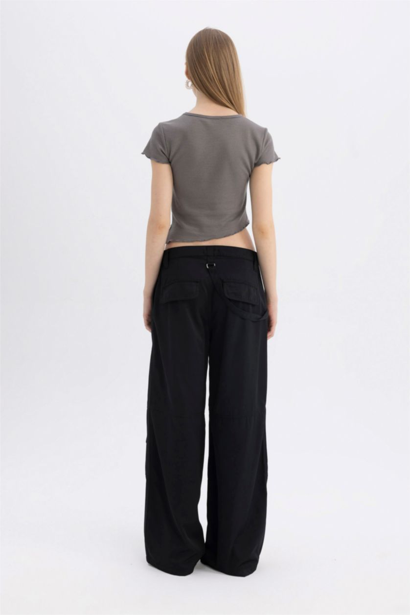 Kadın Siyah Normal Bel Wıde Leg Kargo Pantolon