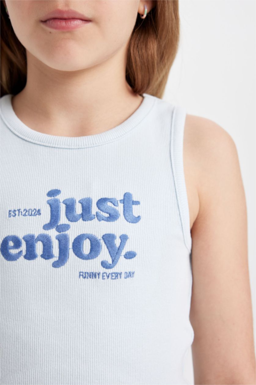 Kız Çocuk - Genç Kız Açık Mavi Bisiklet Yaka Baskılı Crop Atlet Kız Çocuk