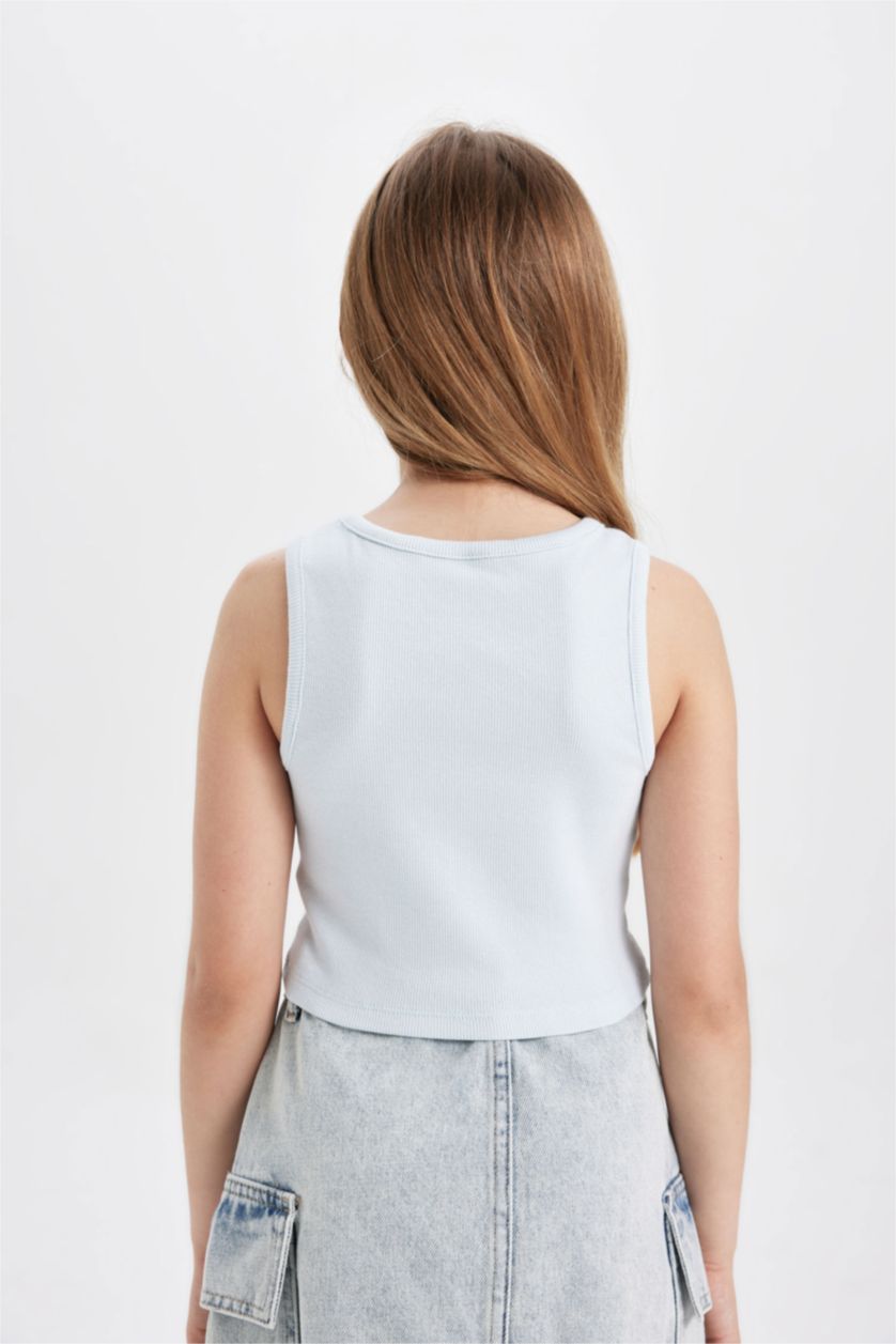 Kız Çocuk - Genç Kız Açık Mavi Bisiklet Yaka Baskılı Crop Atlet Kız Çocuk