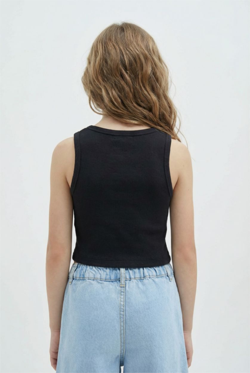 Kız Çocuk - Genç Kız Lacivert Bisiklet Yaka Baskılı Crop Atlet Kız Çocuk