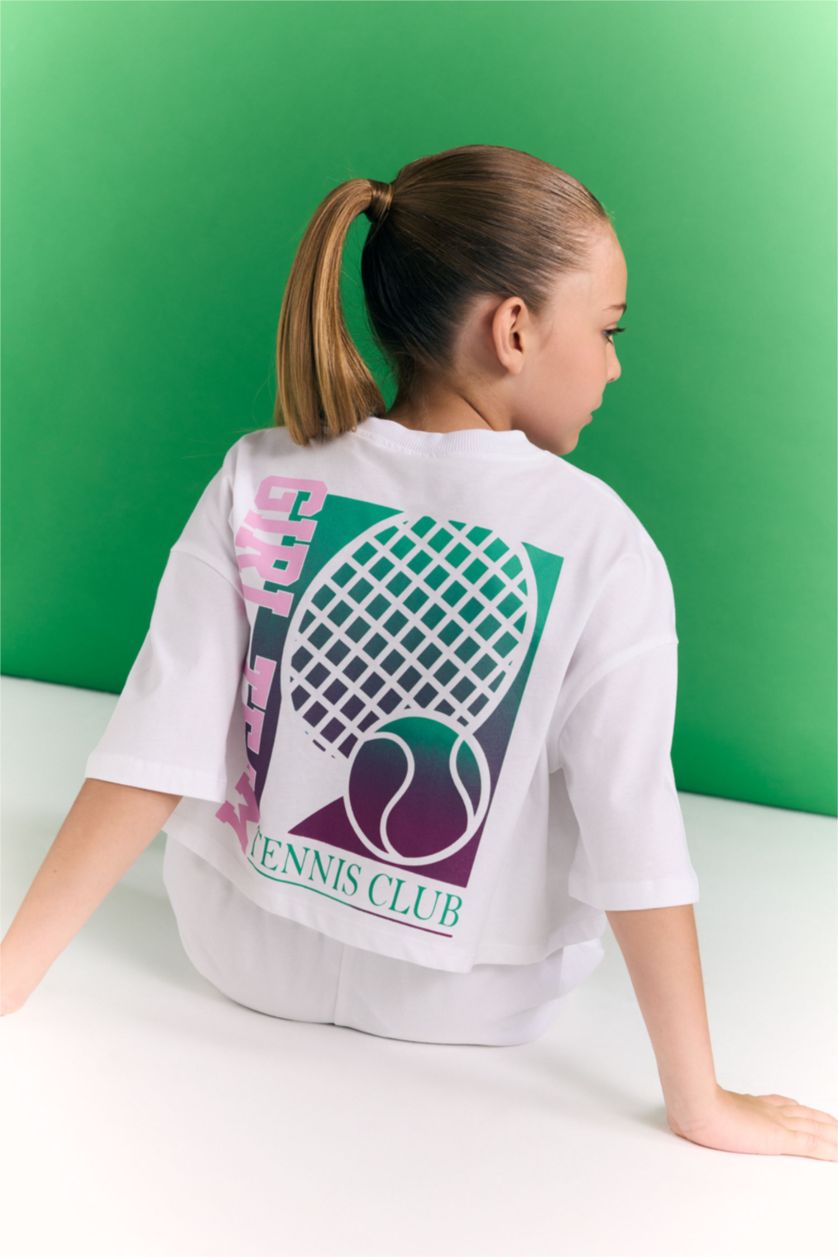 Kız Çocuk - Genç Kız Beyaz Bisiklet Yaka Baskılı Kısa Kollu Crop Tişört Kız Çocuk